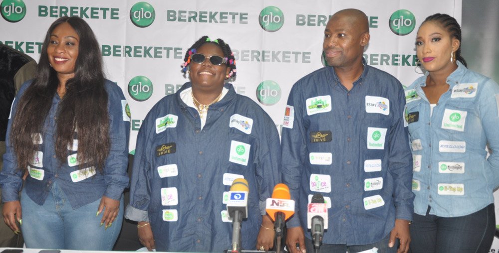 L-R: Adeboye Adeniji of Globacom’s Enterprise Business Group; new Glo Ambassador, Teniola  Apata (Teni The Entertainer); the company’s Regional Manager, Primary, Lagos 2, Abdulrazaq Ande, and Globacom’s Brand Specialist, Iretiola Jonathan, at the launch of a new tariff plan called Glo Berekete, in Victoria Island, Lagos, on Tuesday.