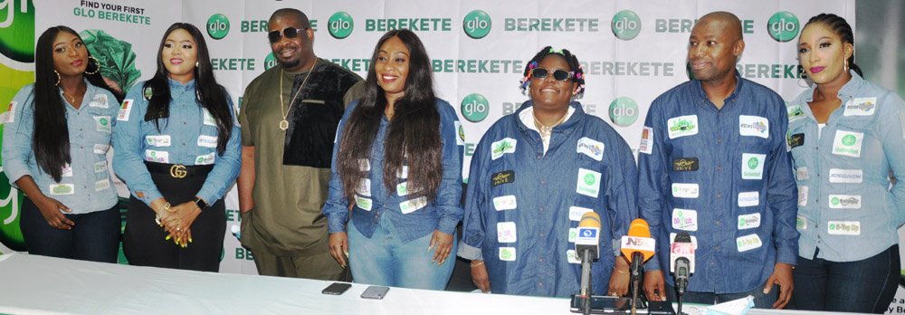 L-R: Globacom’s brand specialists, Adunola Agboola and Chinenye Umeokoro;  new Glo ambassador, Michael Collins Ajereh, also known as “Don Jazzy”; Adeboye Adeniji of Globacom’s Enterprise Business Group;  another new brand ambassador, Teniola  Apata (Teni The Entertainer), the company’s Regional Manager, Primary, Lagos 2, Abdulrazaq Ande, and Brand Specialist, Iretiola Jonathan, at the launch of a new tariff plan called Glo Berekete, in Lagos on Tuesday.