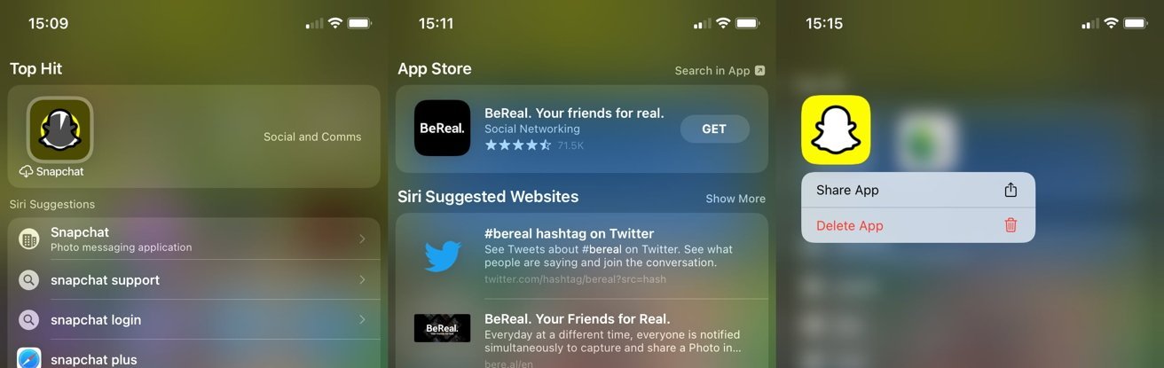 A previously installed app (left) can be reinstalled from Spotlight. You can also install new apps without using the App Store (middle), and delete them (right).