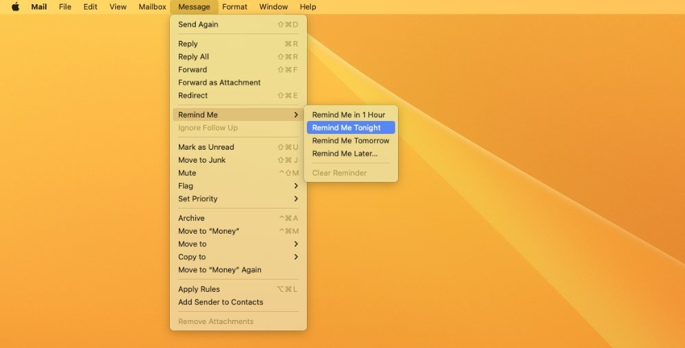 On the Mac, you can choose Message, Remind Me, or right-click on an email in the inbox