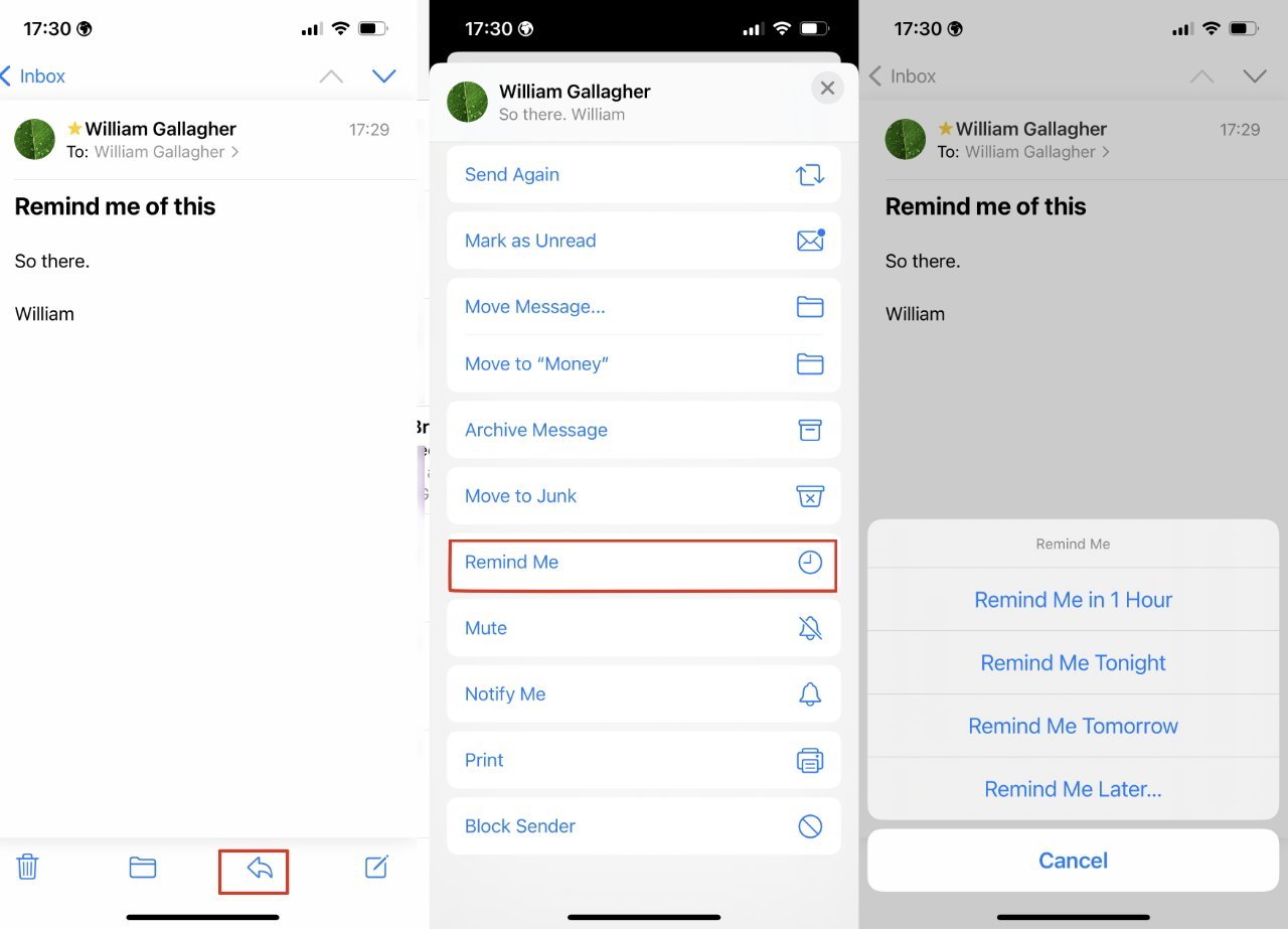 Choosing Remind Me from within a Mail message in iOS 16