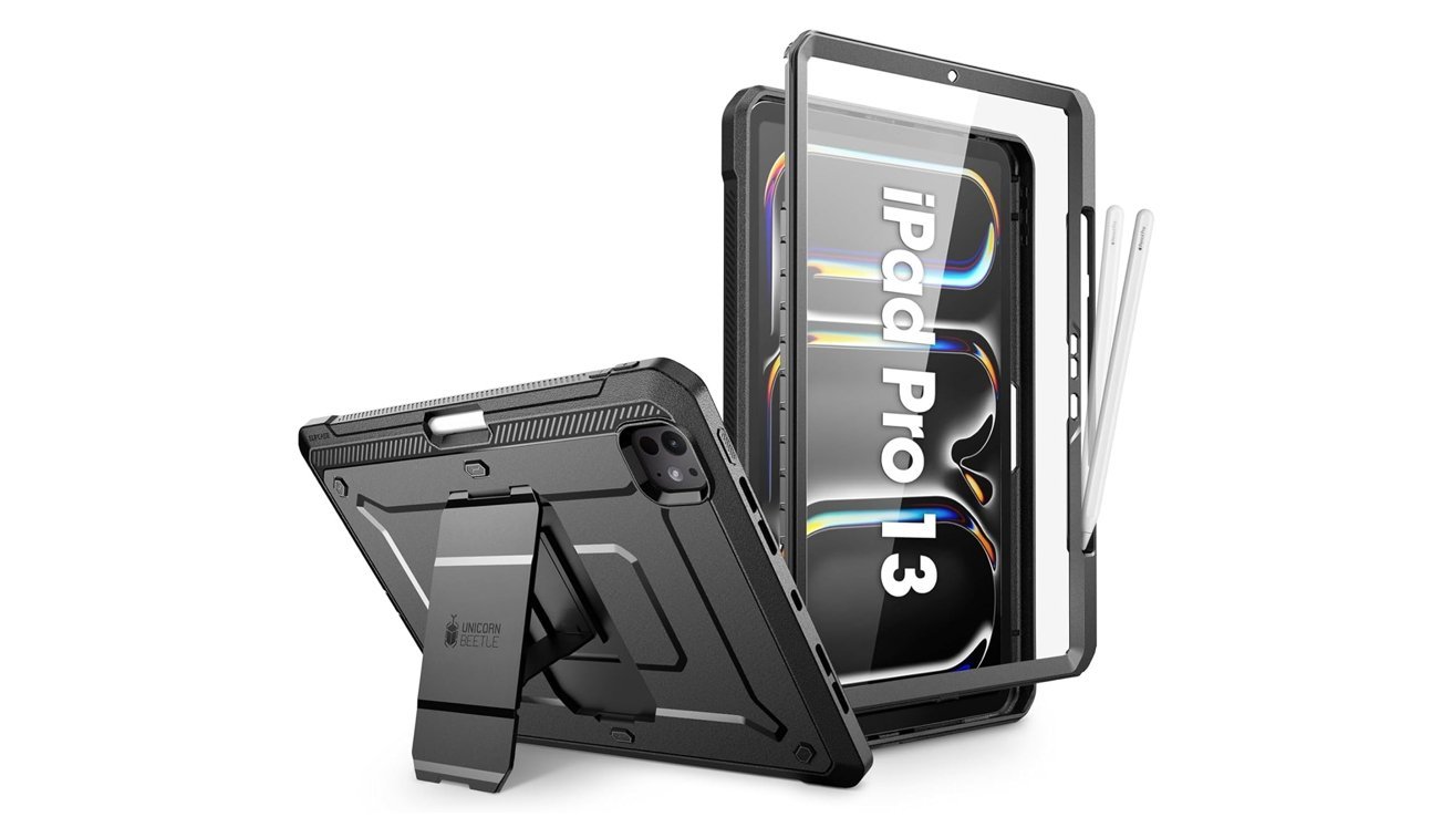Sturdy case with built-in stand for iPad Pro 13, shown with an iPad, screen protector, and two styluses.