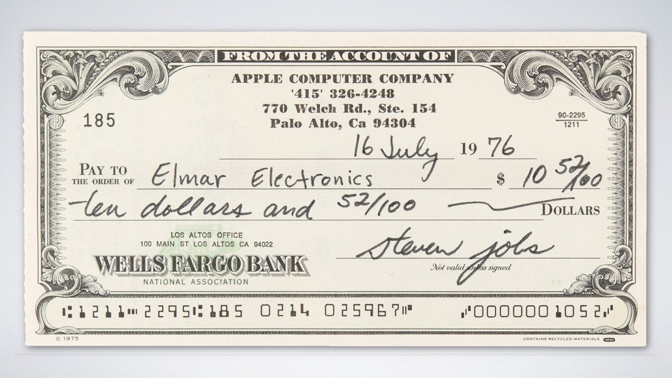 A check from Apple Computer Company dated July 16, 1976, payable to Elmar Electronics for ten dollars and 52 cents, signed by Steve Jobs.