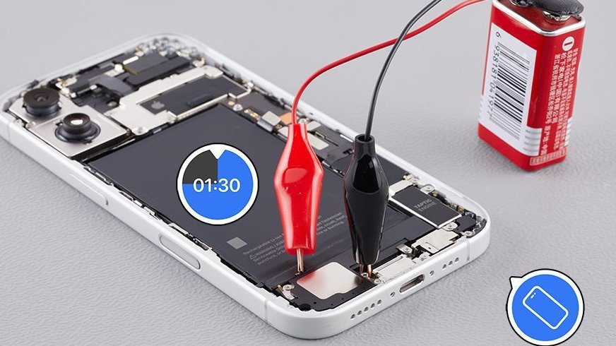 Partially disassembled iPhone connected to a 9V battery using alligator clips, with a timer showing 1 minute and 30 seconds on the phone screen.