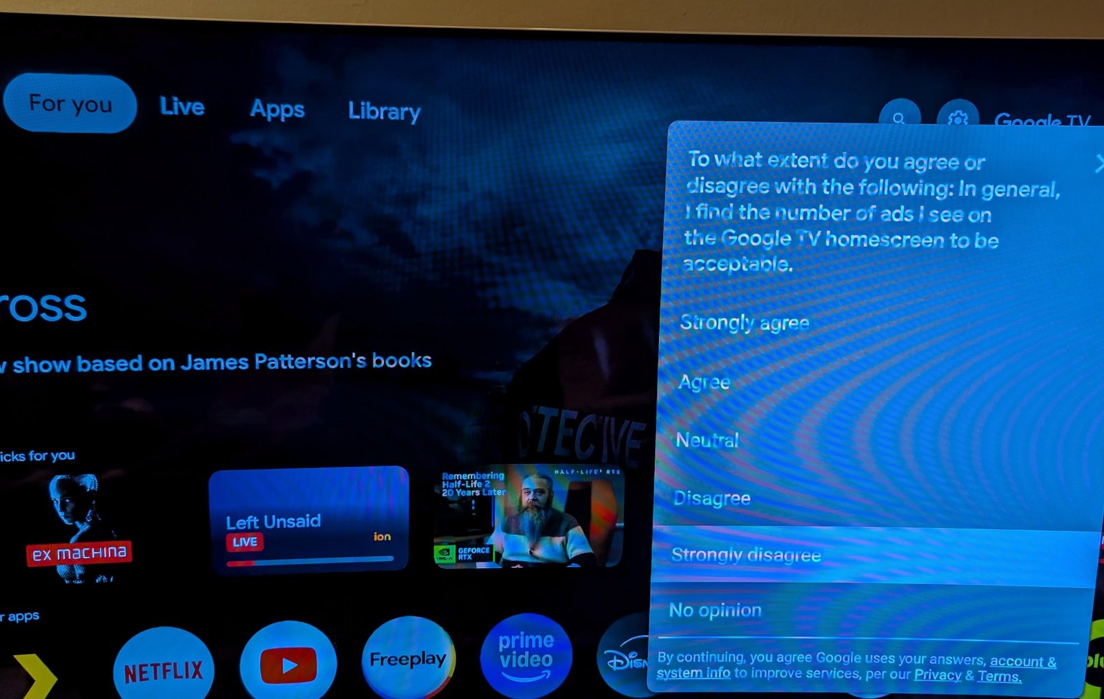 a survey on Google TV asking users about their thoughts on the frequency of homescreen ads
