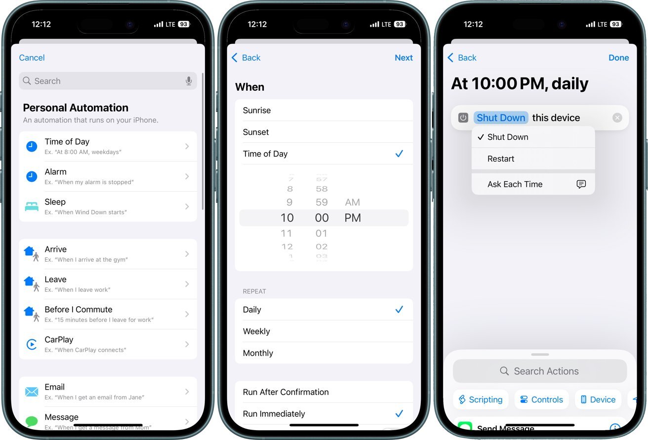 Three iPhone screens showing automation setup: selecting time triggers, setting actions like shutdown, and customizing repeat settings.