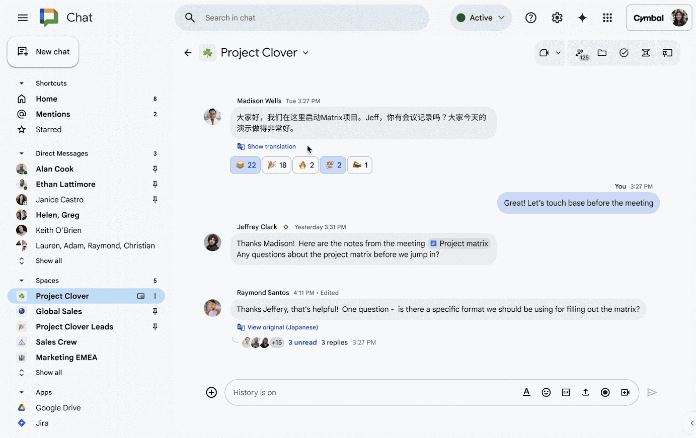 Inline translation with Gemini in Google Chat.