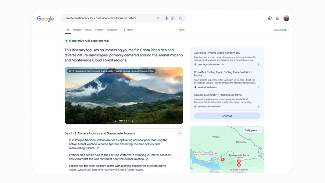 Google's AI Overviews can help users create itineraries for travel plans.