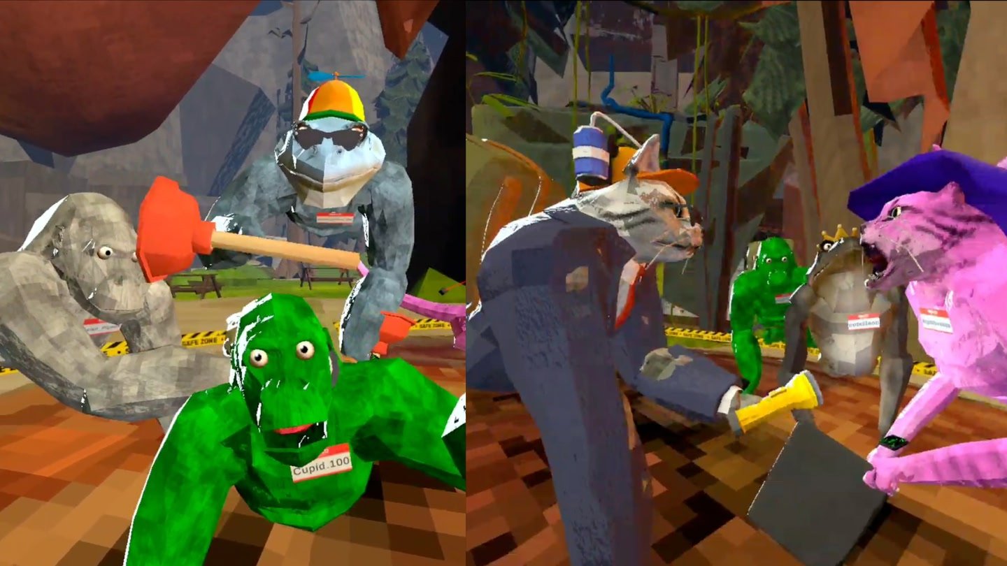 An official press screenshot of two different gameplay moments showing silly cartoonish characters interacting with one another in Animal Company on Meta Quest 3.