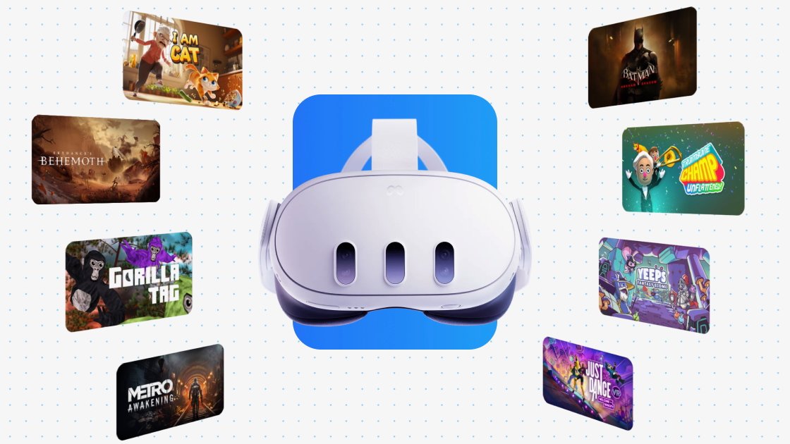 A promo image of the Meta Quest 3 on a grid background surrounded by eight bestselling VR titles in 2024, including Gorilla Tag and Batman: Arkham Shadow.