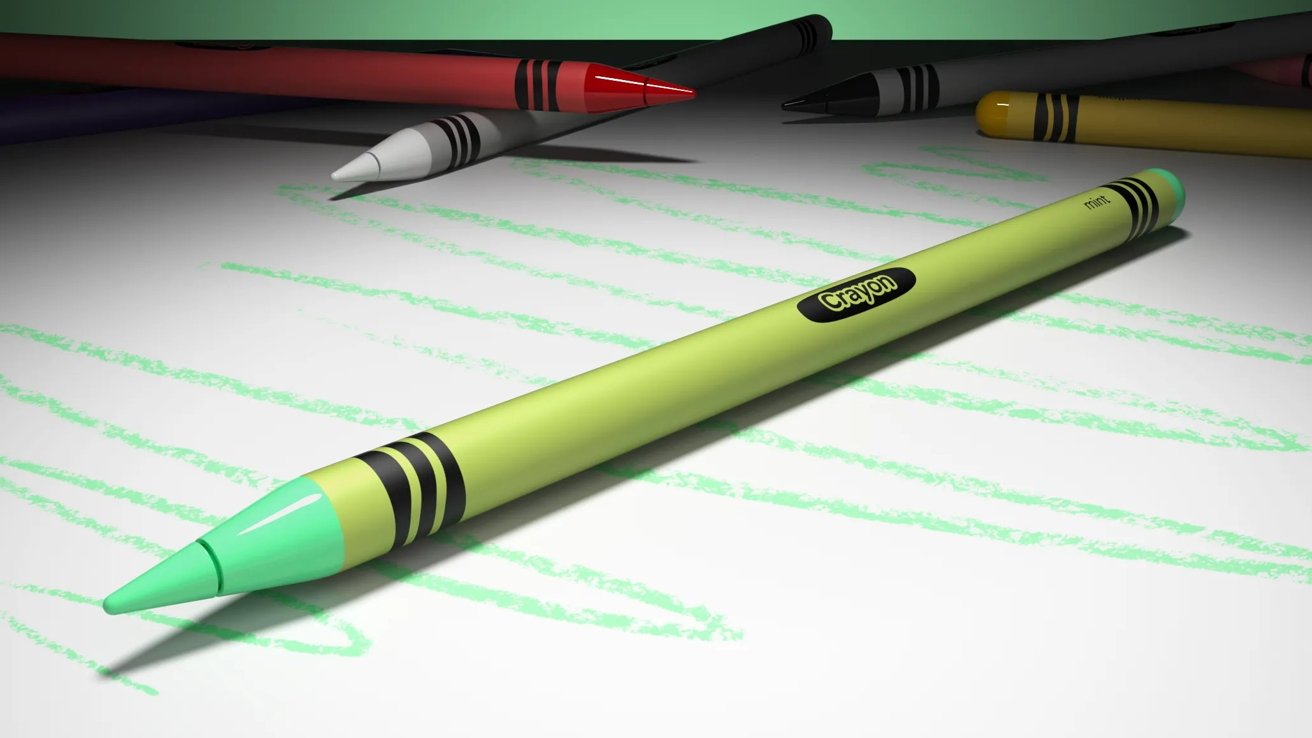 A green crayon labeled 'Crayon' rests on paper with green scribbles, surrounded by other crayons in varied colors.