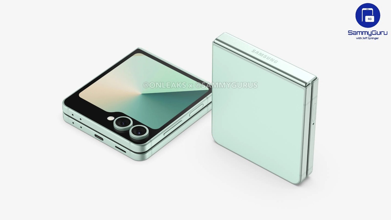 A leaked look at a minty green Galaxy Z Flip 7 FE closed.