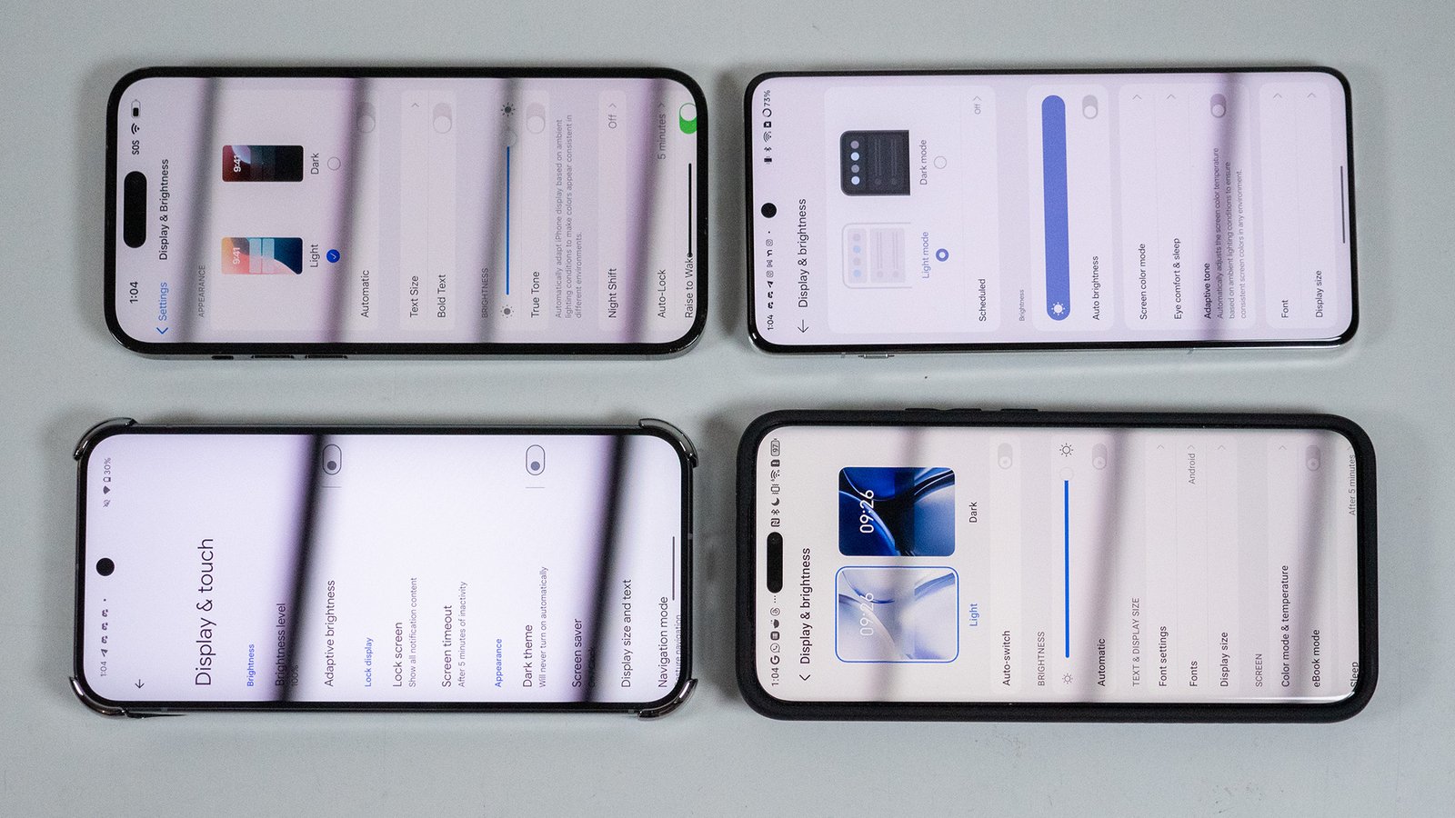 Comparison of the dimming technologies for Google Pixel 9 Pro XL, iPhone 14 Pro Max, OnePlus 13, and Honor Magic 7 Pro