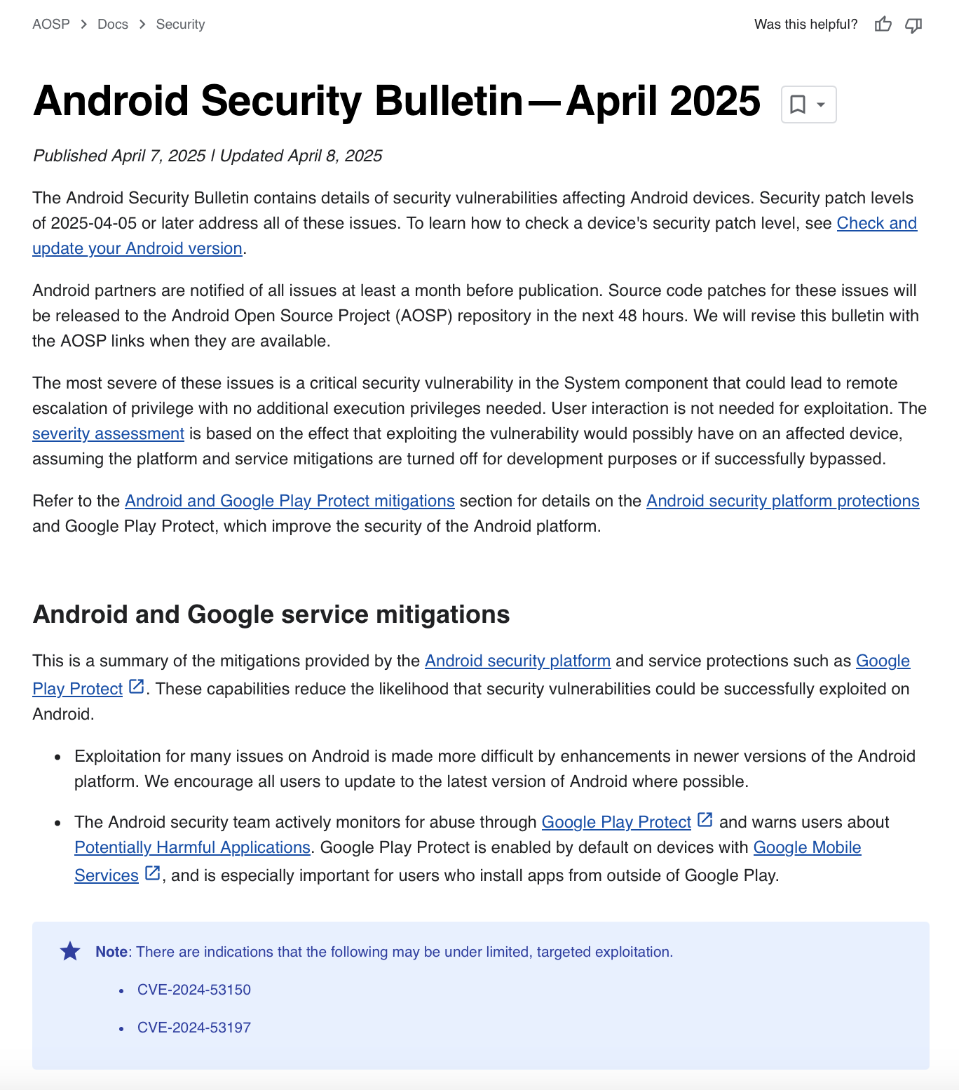 A screenshot of the latest Android Security Bulletin with CVE codes.