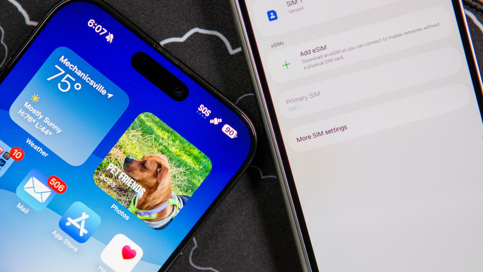 iPhone 16 Pro Max SOS mode next to Z Fold 6 SIM Card Manager