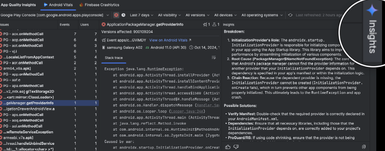App quality insights provided by Gemini in Android Studio.