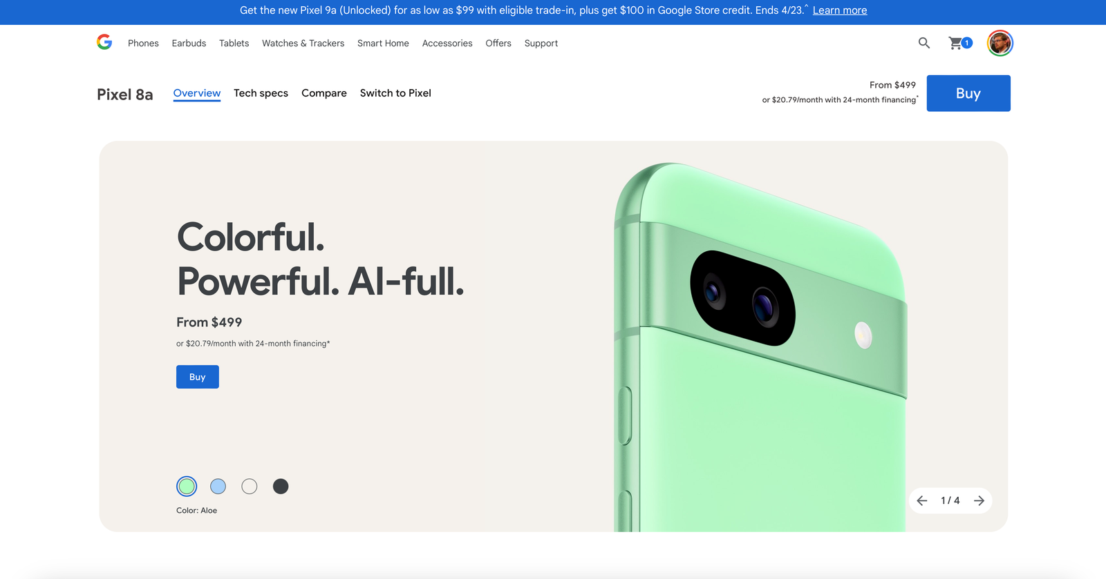The Google Pixel 8a listing on the Google Store.