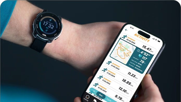 The UNA Watch on a wrist while the person's other hand holds an iPhone, showing a companion app with fitness data.