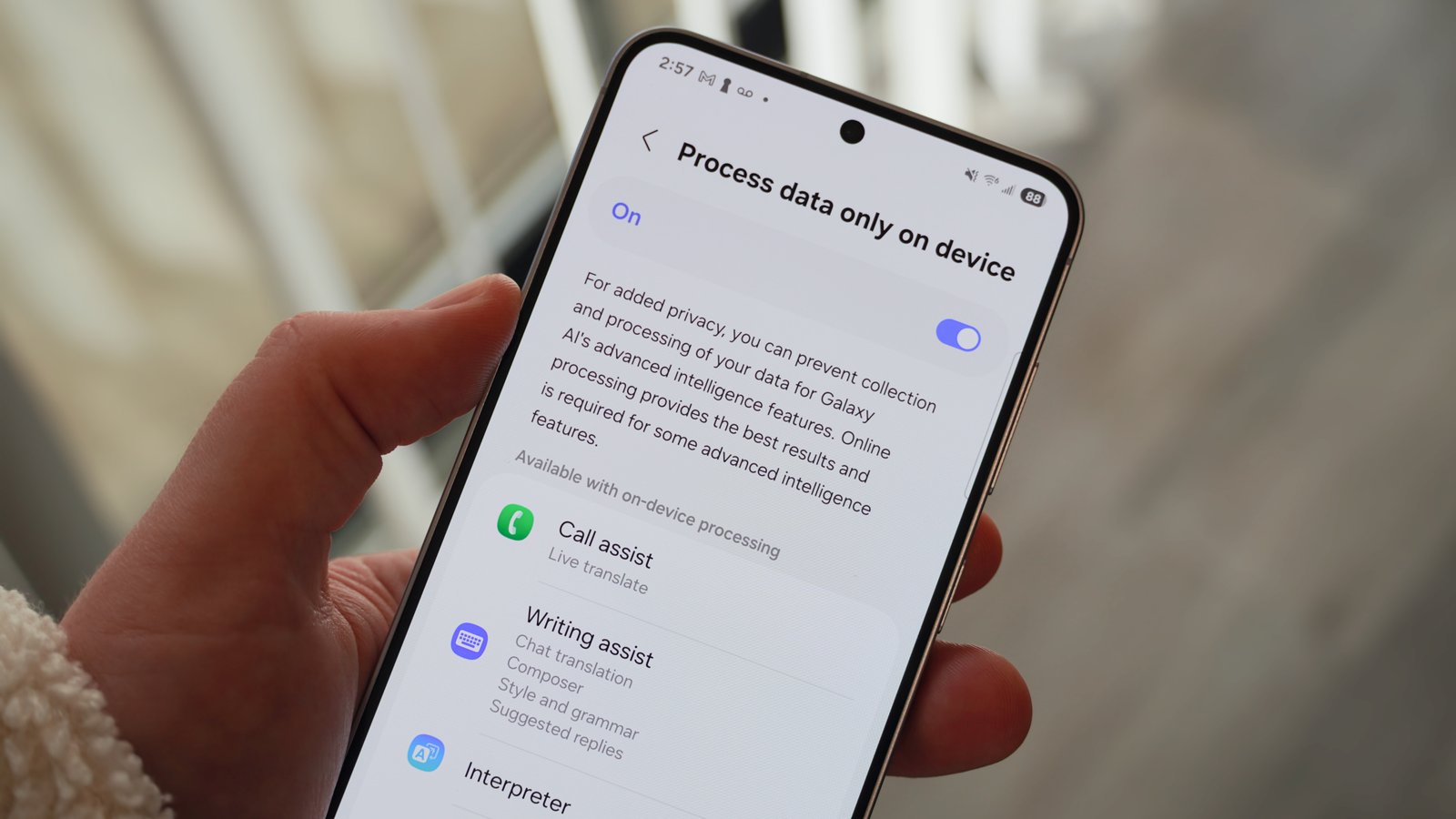 The 'process data only on device' page in Samsung settings.