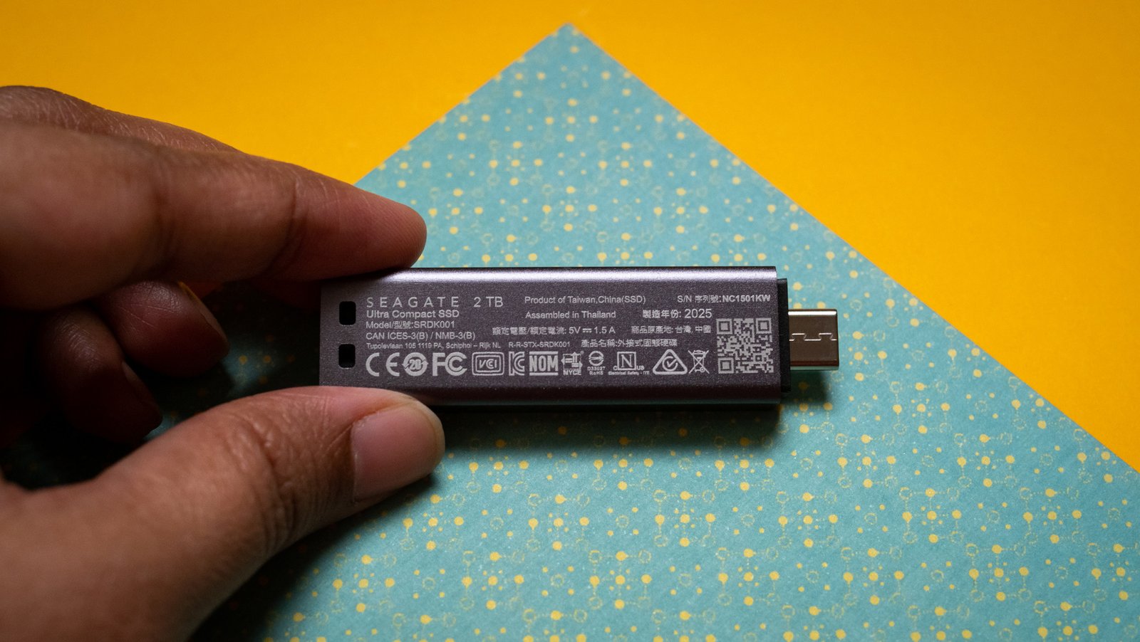 Seagate's Ultra Compact SSD against colorful background