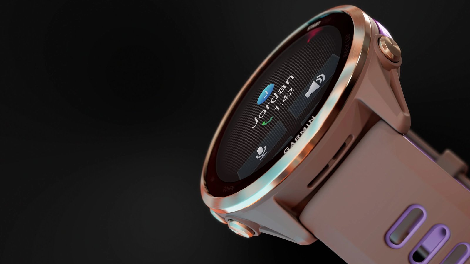 The Garmin Forerunner 970 rendered in a black void, angled from the bottom to emphasize the titanium bezel and the screen showing a phone call.