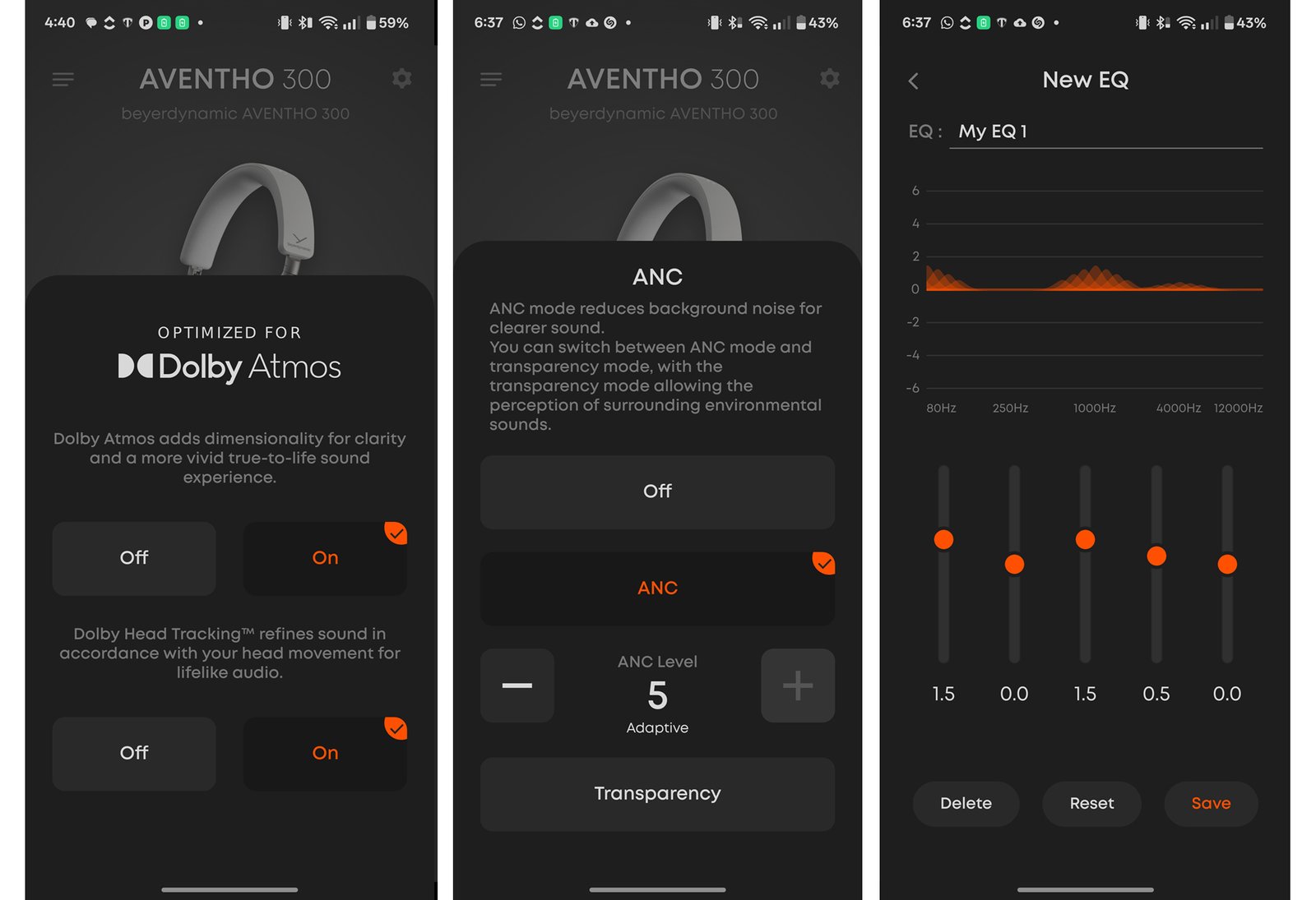 Screenshots of the Beyerdynamic app for Aventho 300 headphones.