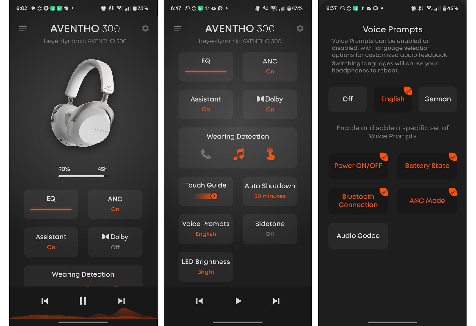 Screenshots of the Beyerdynamic app for Aventho 300 headphones.