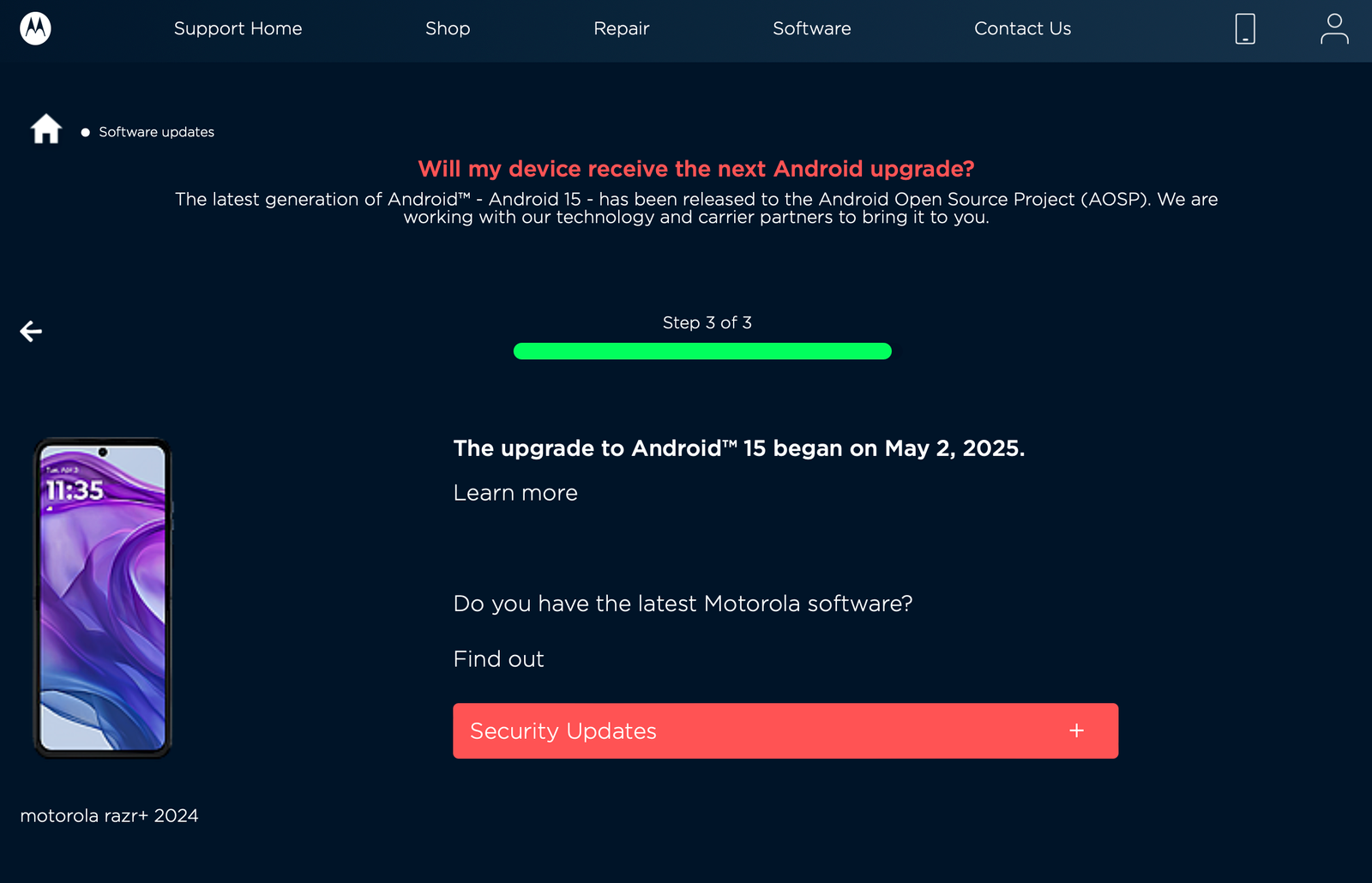 A screenshot displaying the Android 15 rollout status on Motorola's website.