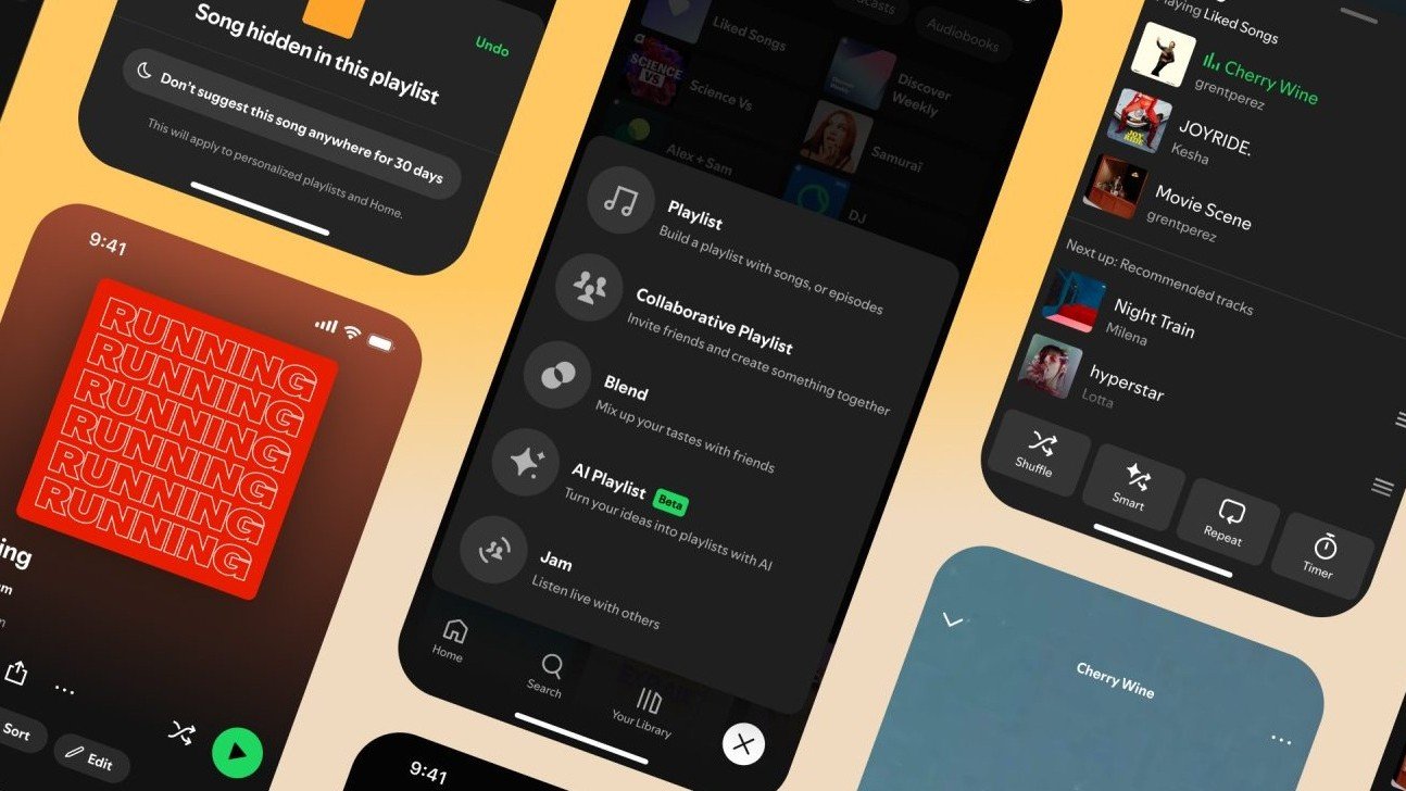 Multiple instances of the Spotify app on phones, showcasing its create menu and playlists.