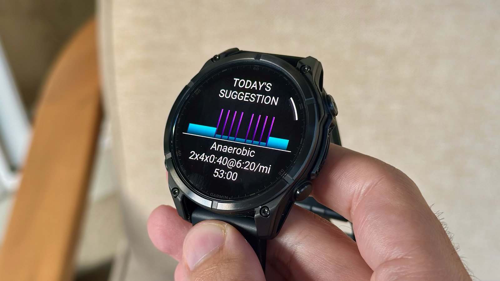 A daily suggested workout for an anaerobic run on the Garmin Fenix 8