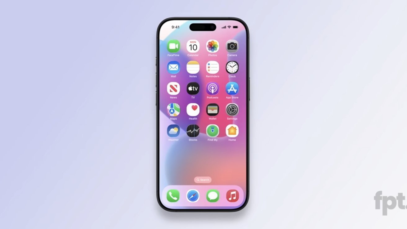 Smartphone displaying colorful app icons on its screen against a light gradient background, featuring a dynamic island at the top.