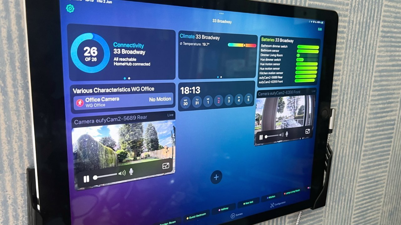 Wall-mounted tablet displaying a home automation dashboard.