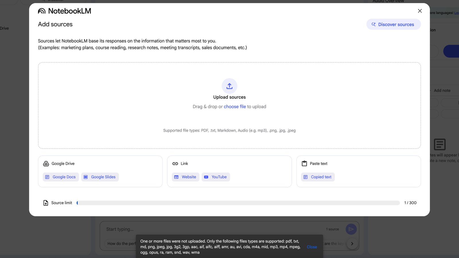 File type error when uploading incompatible source files to NotebookLM