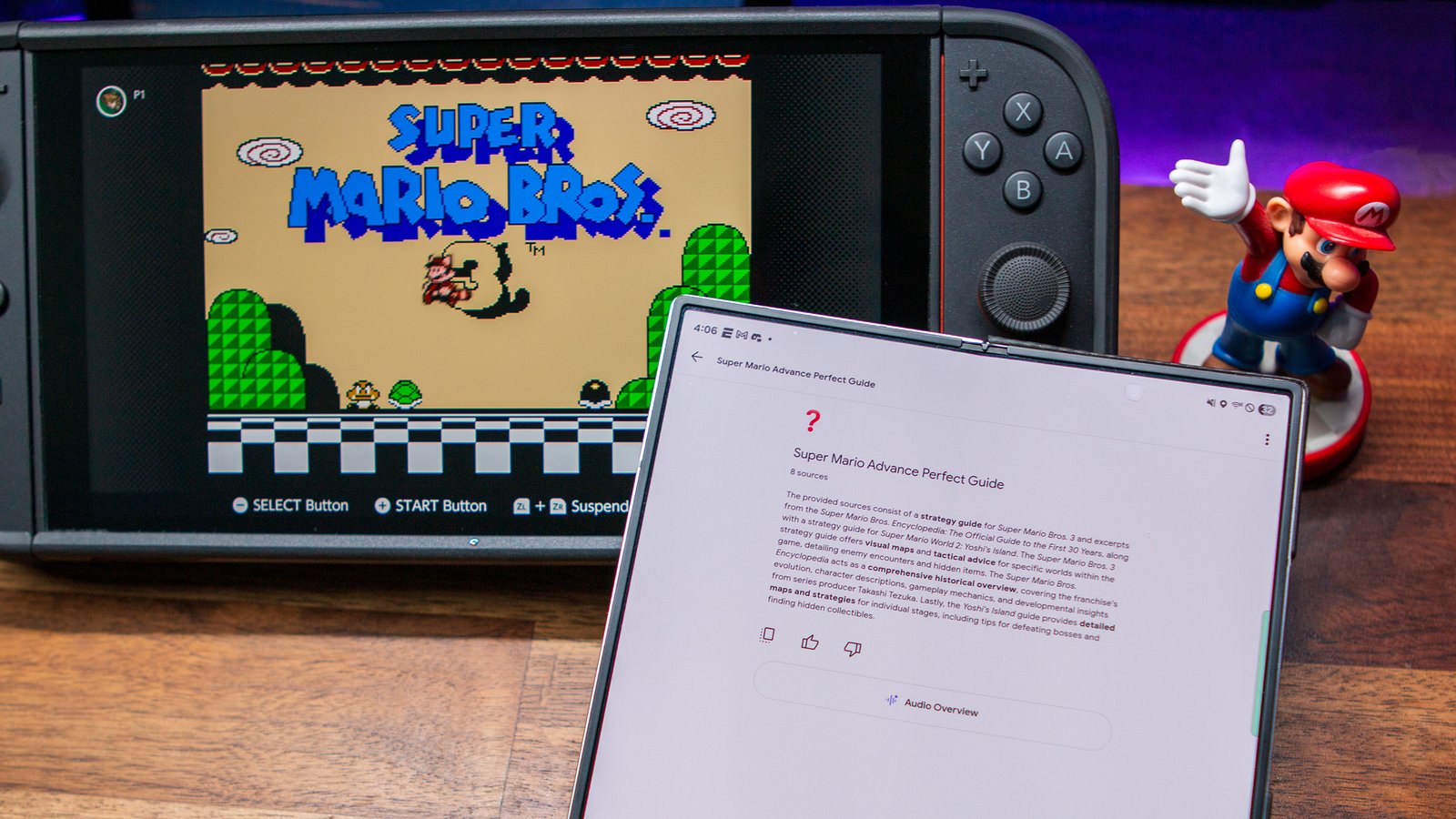 NotebookLM app with self-created Notebook about Super Mario games in front of Switch 2