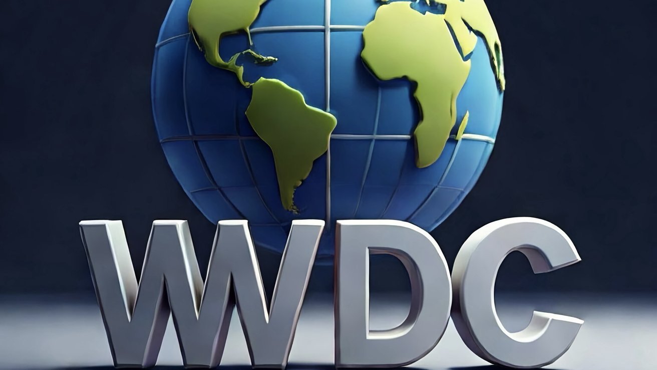 Large blue and green globe with continents in front of bold silver letters reading WWDC on a dark background.