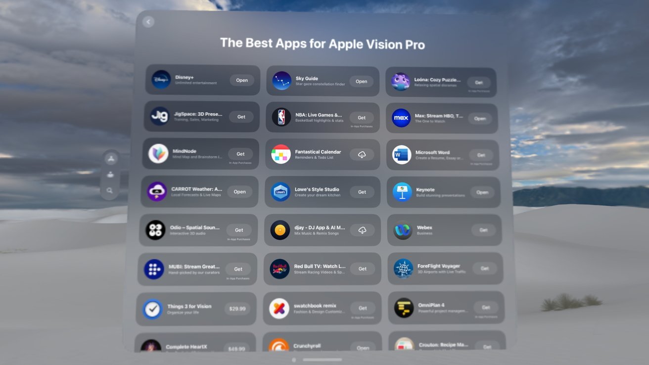 A digital interface displaying a list of apps for Apple Vision Pro with their icons and availability status, set against a cloudy sky background.