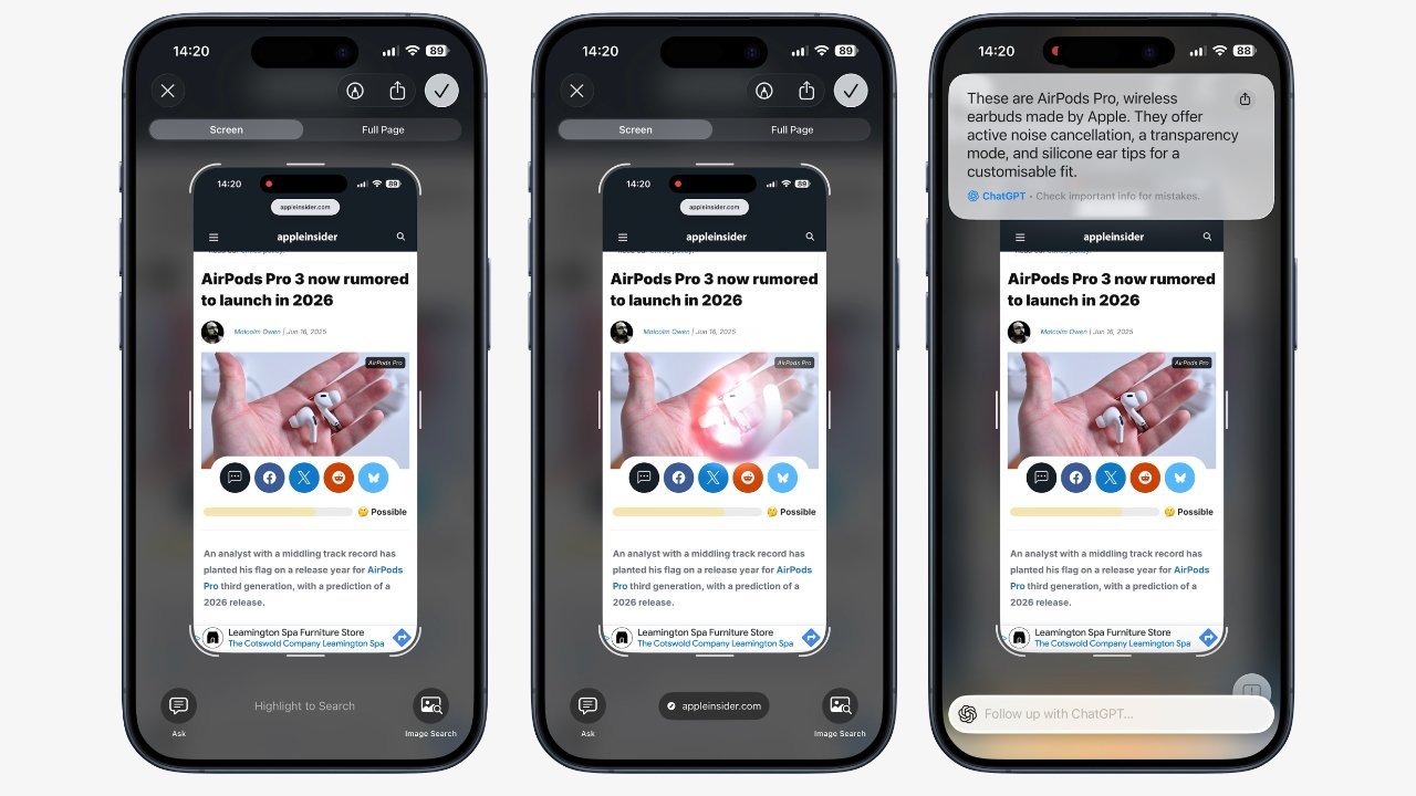 Three smartphone screens displaying an article about AirPods Pro 3, with a notification summarizing features on the left.