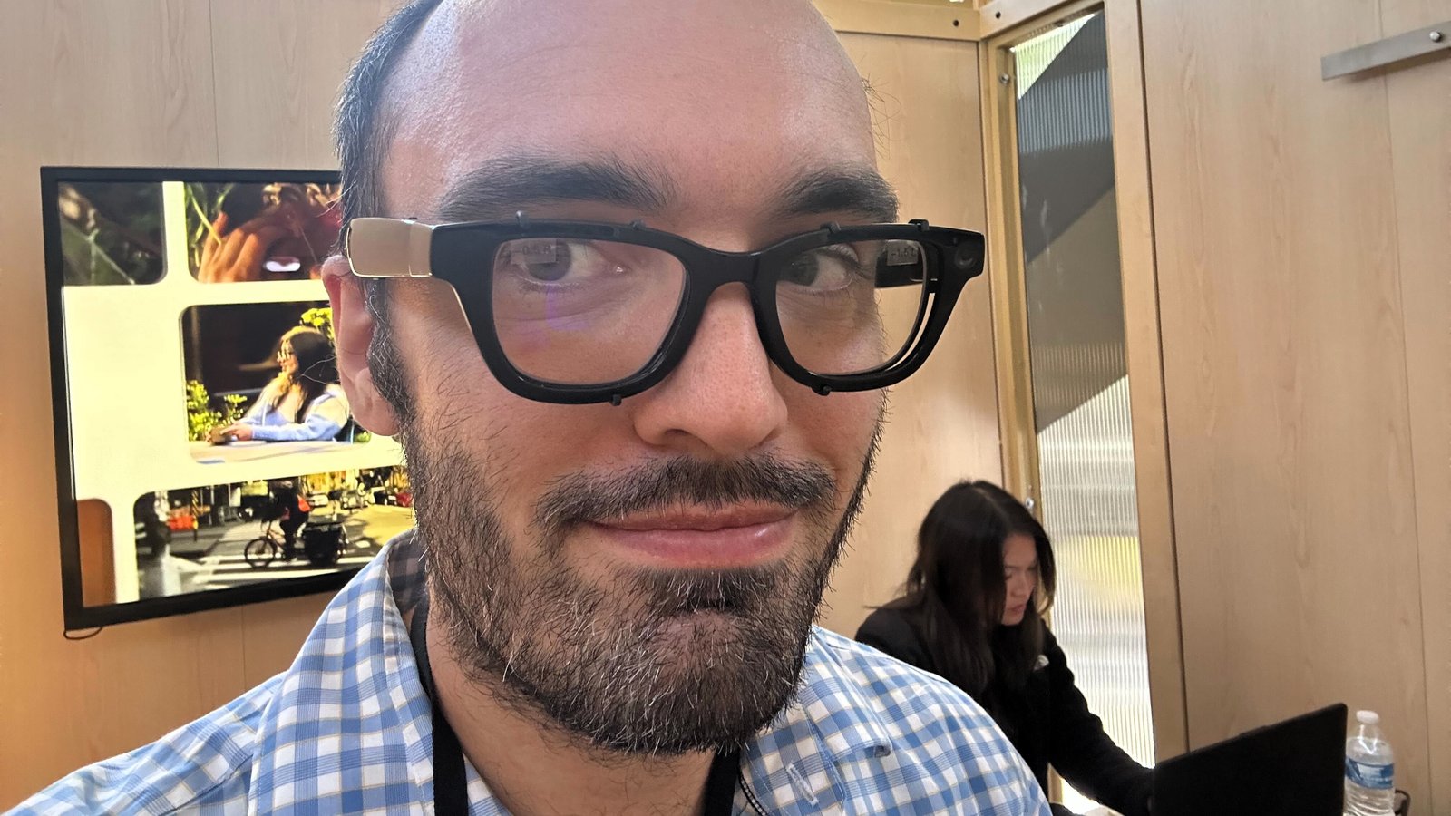 Michael Hicks wearing Android XR prototype glasses