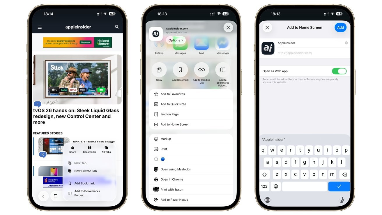 Smartphone screens showing the AppleInsider website and customization options.