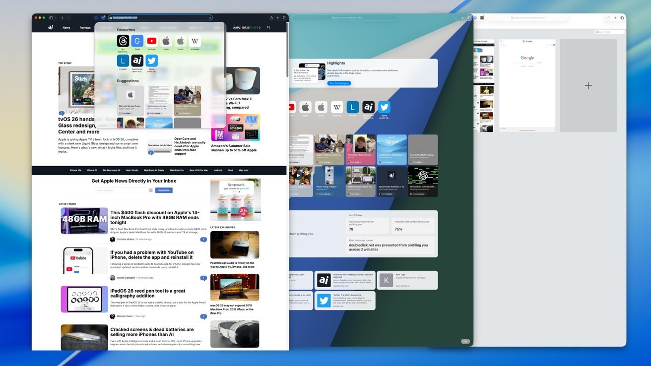 Three computer windows showing a news site and a tab management interface.