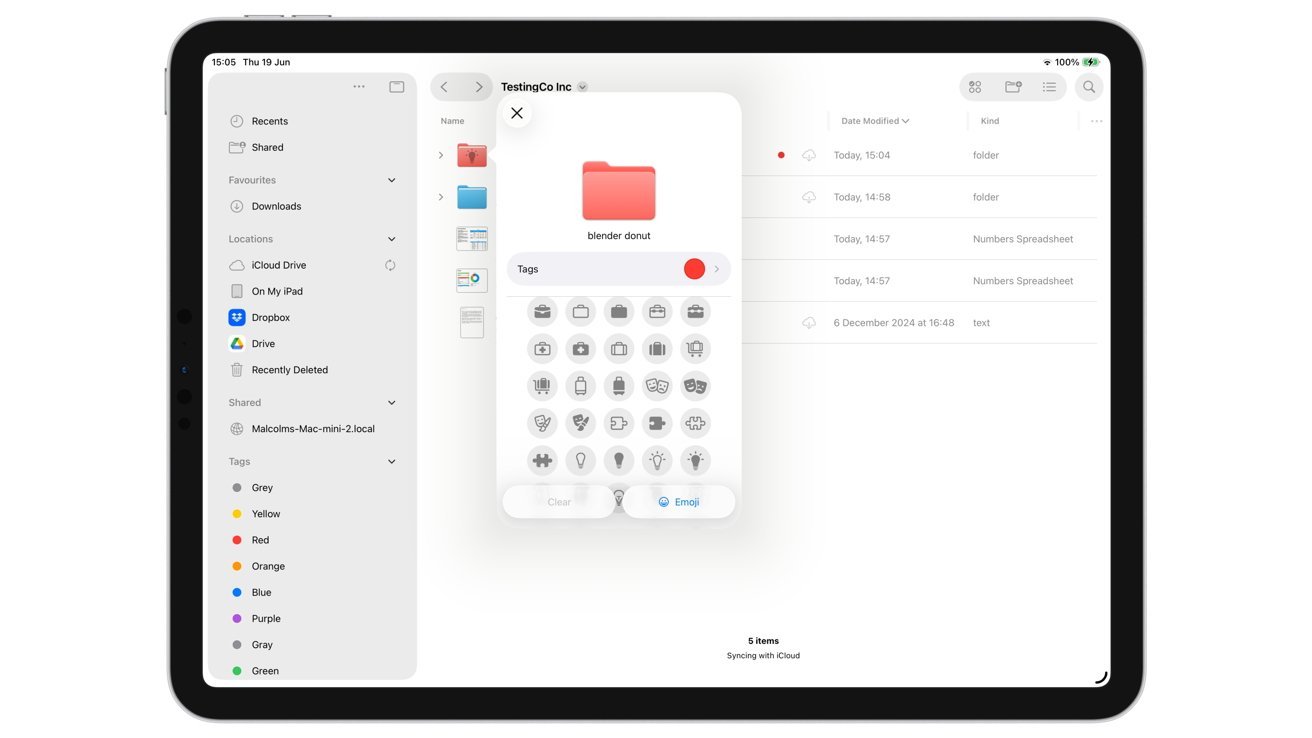 Tablet screen showing a file management app with folders, documents, and tag options. Left sidebar displays various locations and tag colors. Central section lists files with details.