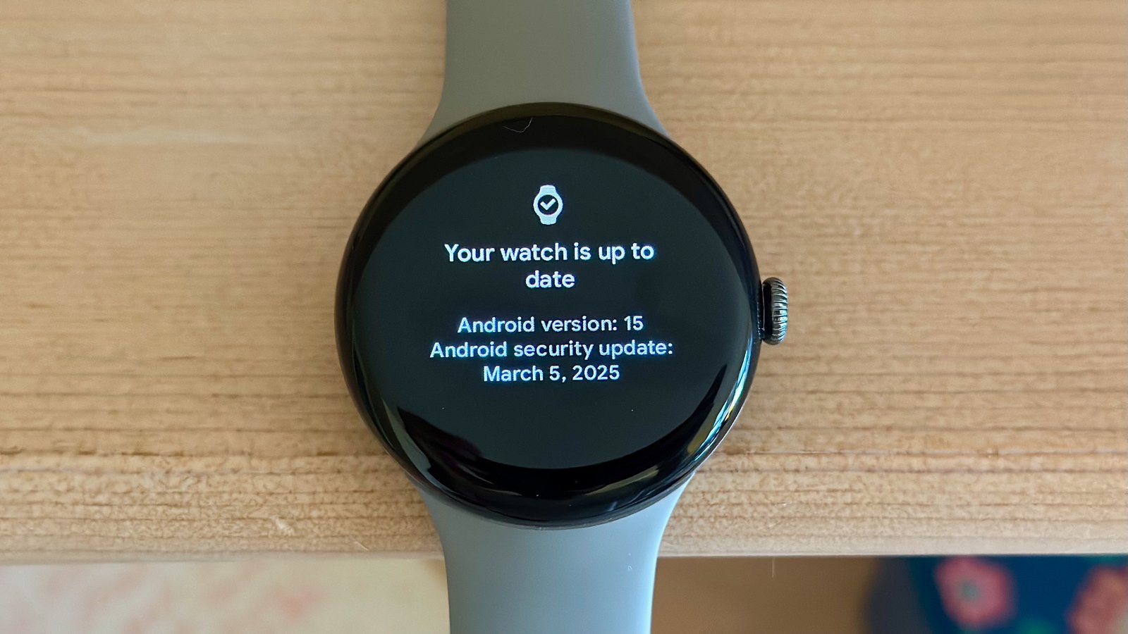 The Google Pixel Watch 3 on a shelf showing the update screen: 'Your watch is up to date. Android version: security update: March'