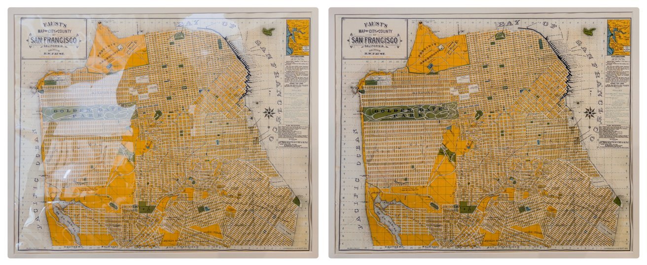 Two vintage maps of San Francisco with detailed layouts and bold colors.