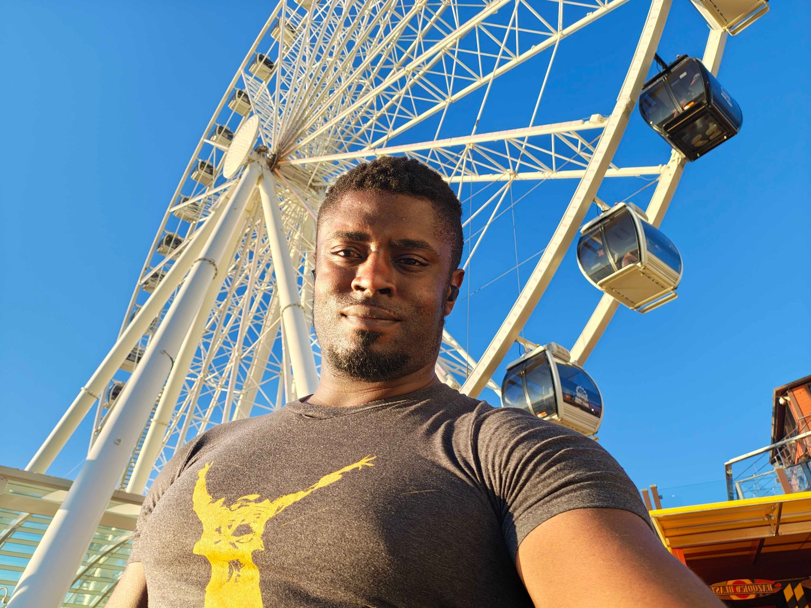 Taking a selfie in front of a ferris wheel