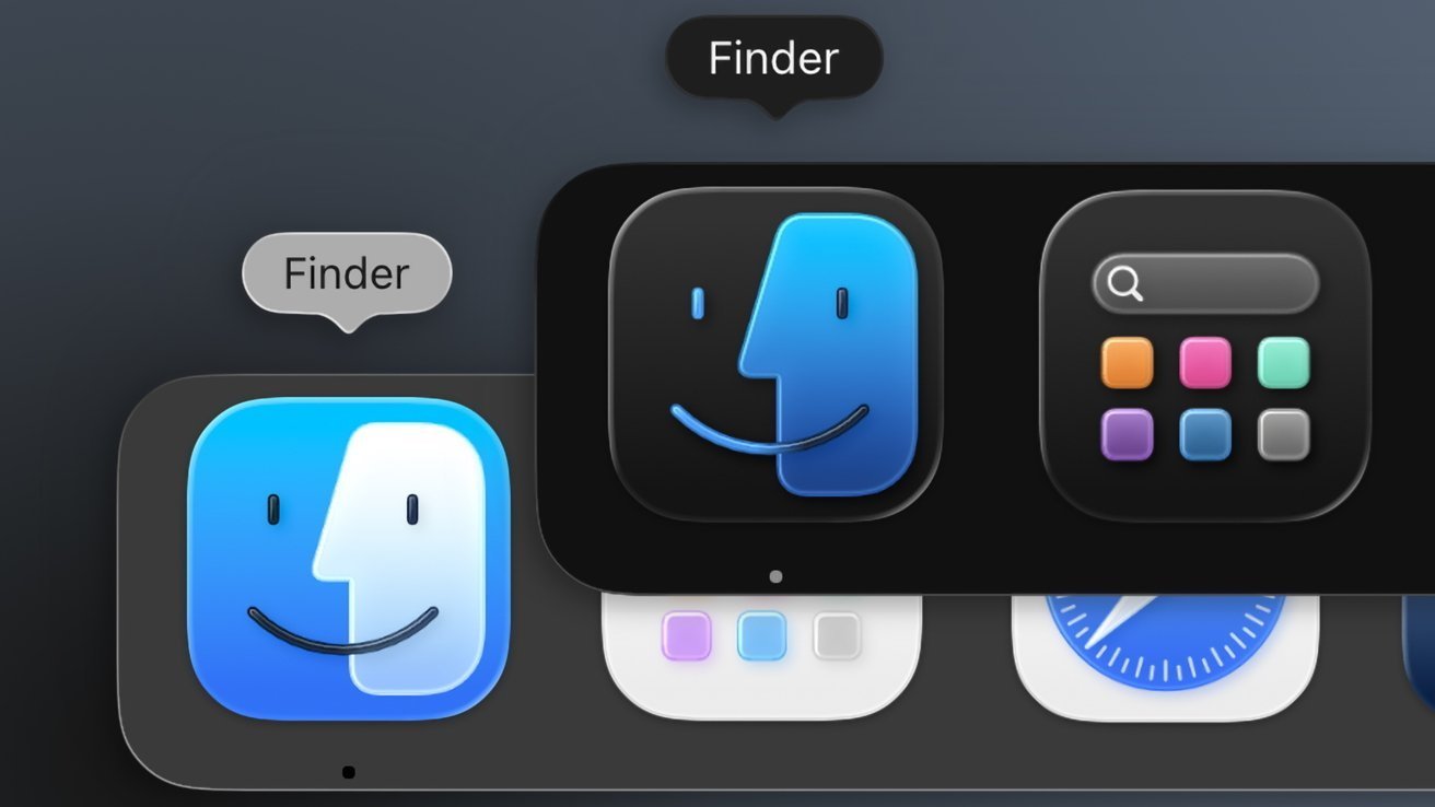 Finder application icons in blue and black, with smiley faces, alongside a magnifying glass icon.