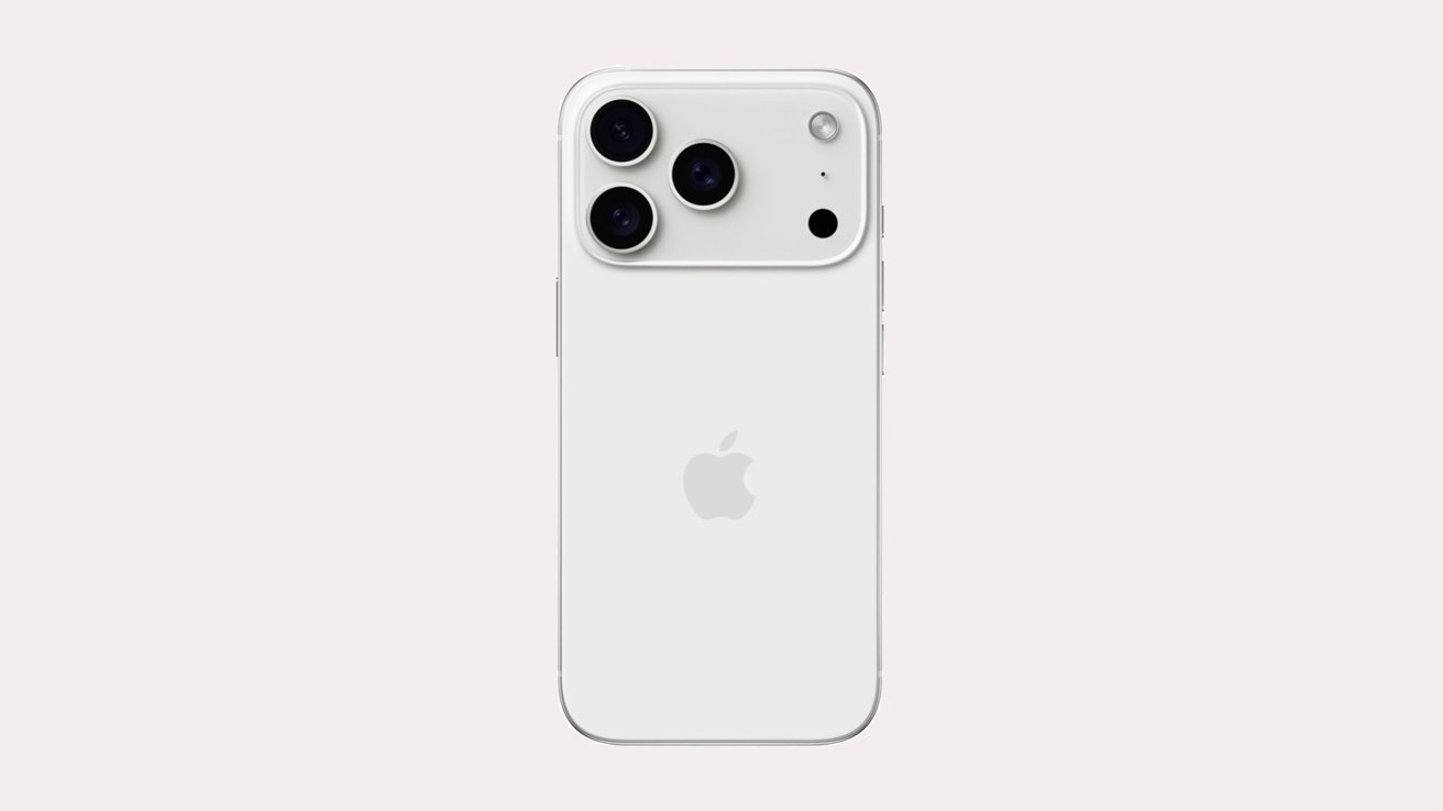 White smartphone featuring three camera lenses and an Apple logo on a sleek white back panel, against a light background.