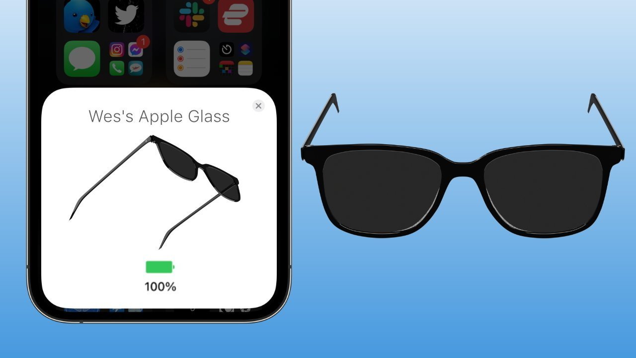 Smart glasses connected to a smartphone showing battery status at 100%;