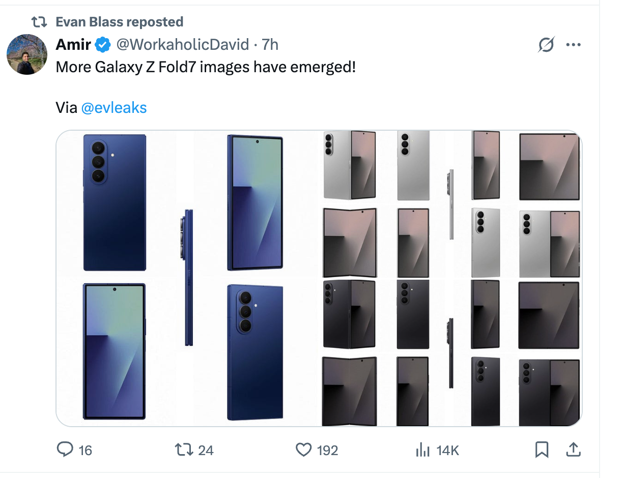 Galaxy Z Fold 7 leaked renders in blue, silver and black