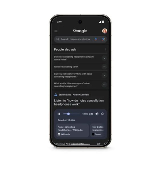 Google's AI Search Labs introduces 'Audio Overviews' with a dedicated section featuring a clickable audio file for concise information from Gemini.