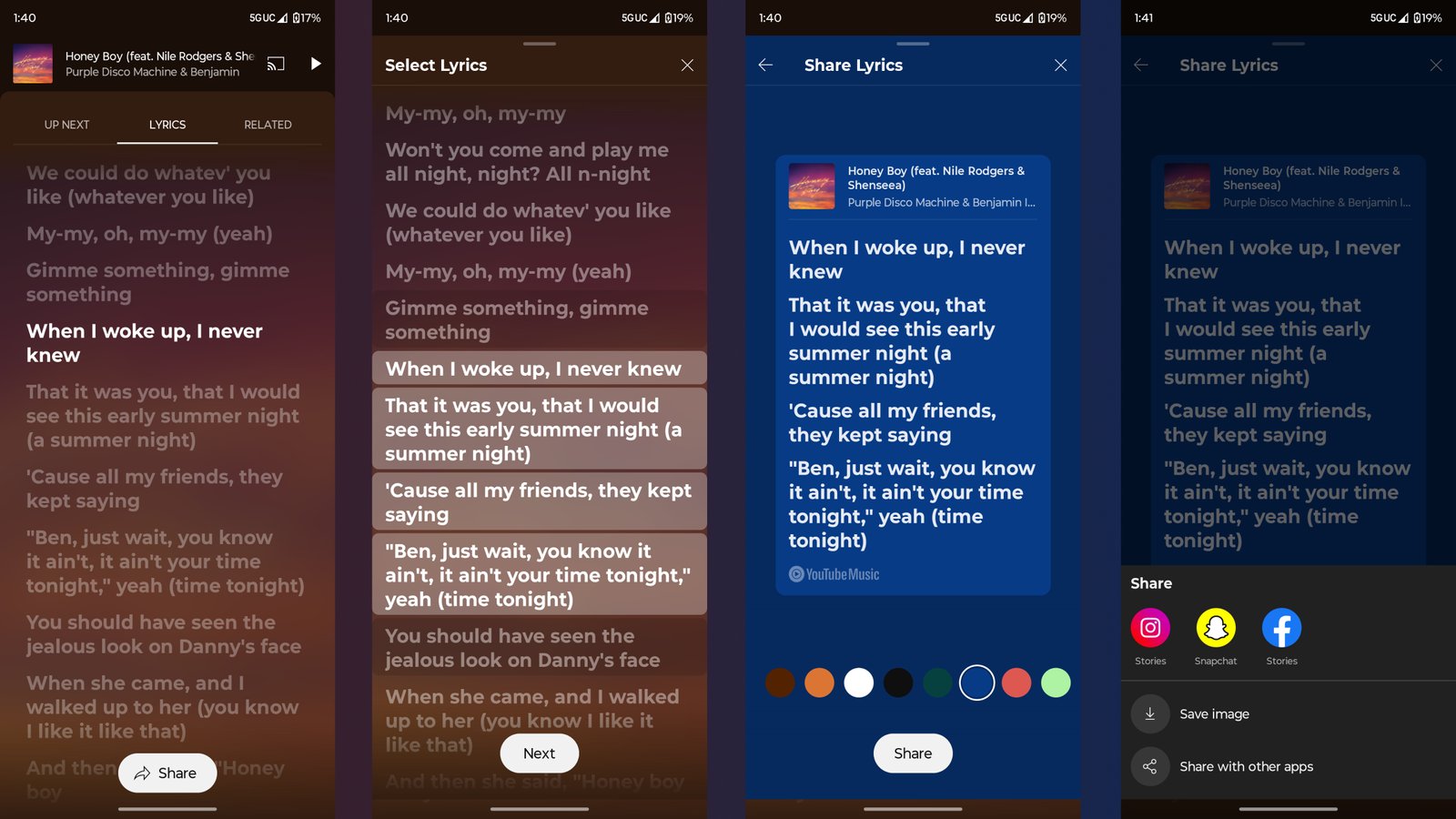 The new lyric sharing feature in YouTube Music.